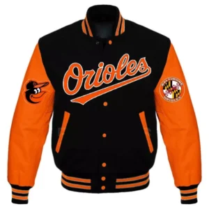 Baltimore Orioles Letterman Black/Orange Rib Knitted Wool & Leather Varsity Jacket