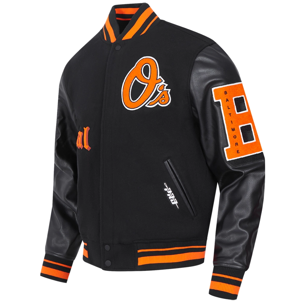 Baltimore Orioles Classic Old English Black Wool & Leather Varsity Jacket - Image 3