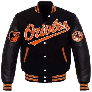Baltimore Orioles Letterman Full-Snap Black Wool & Leather Varsity Jacket