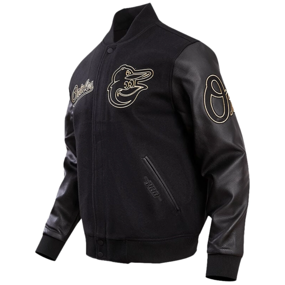 Baltimore Orioles Triple Black Pro Standard Black Wool & Leather Varsity Jacket - Image 3