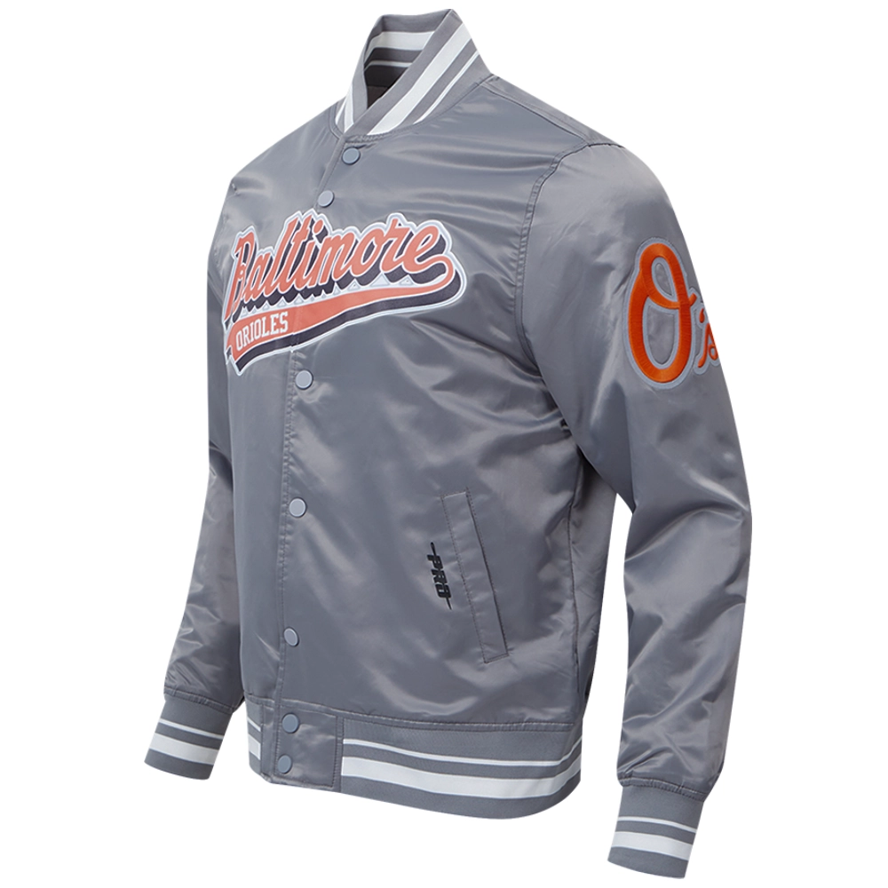 Baltimore Orioles Script Tail Rib Knitted Satin Varsity Jacket - Image 3
