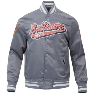 Baltimore Orioles Script Tail Rib Knitted Satin Varsity Jacket