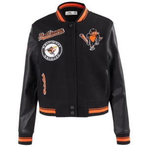 Baltimore Orioles Women's Retro Classic Rib Knitted Black Wool & Leather Varsity Jacket