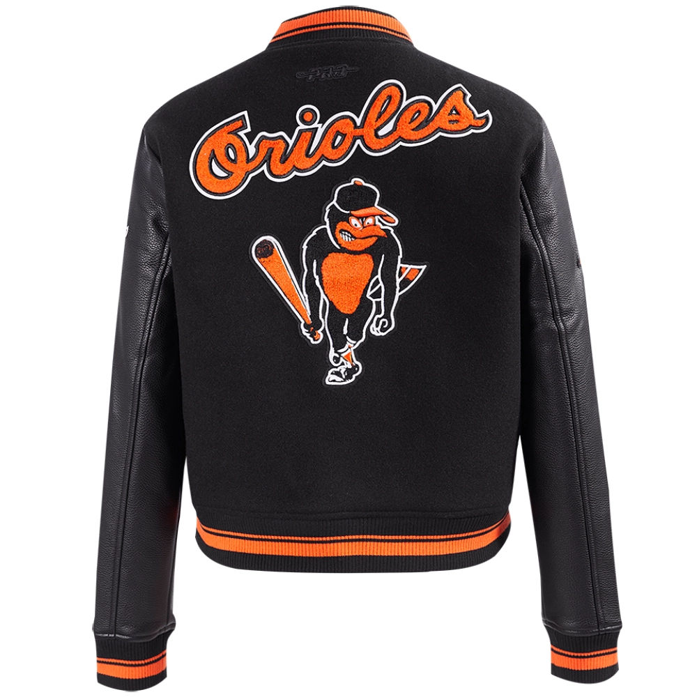 Baltimore Orioles Women's Retro Classic Rib Knitted Black Wool & Leather Varsity Jacket - Image 2