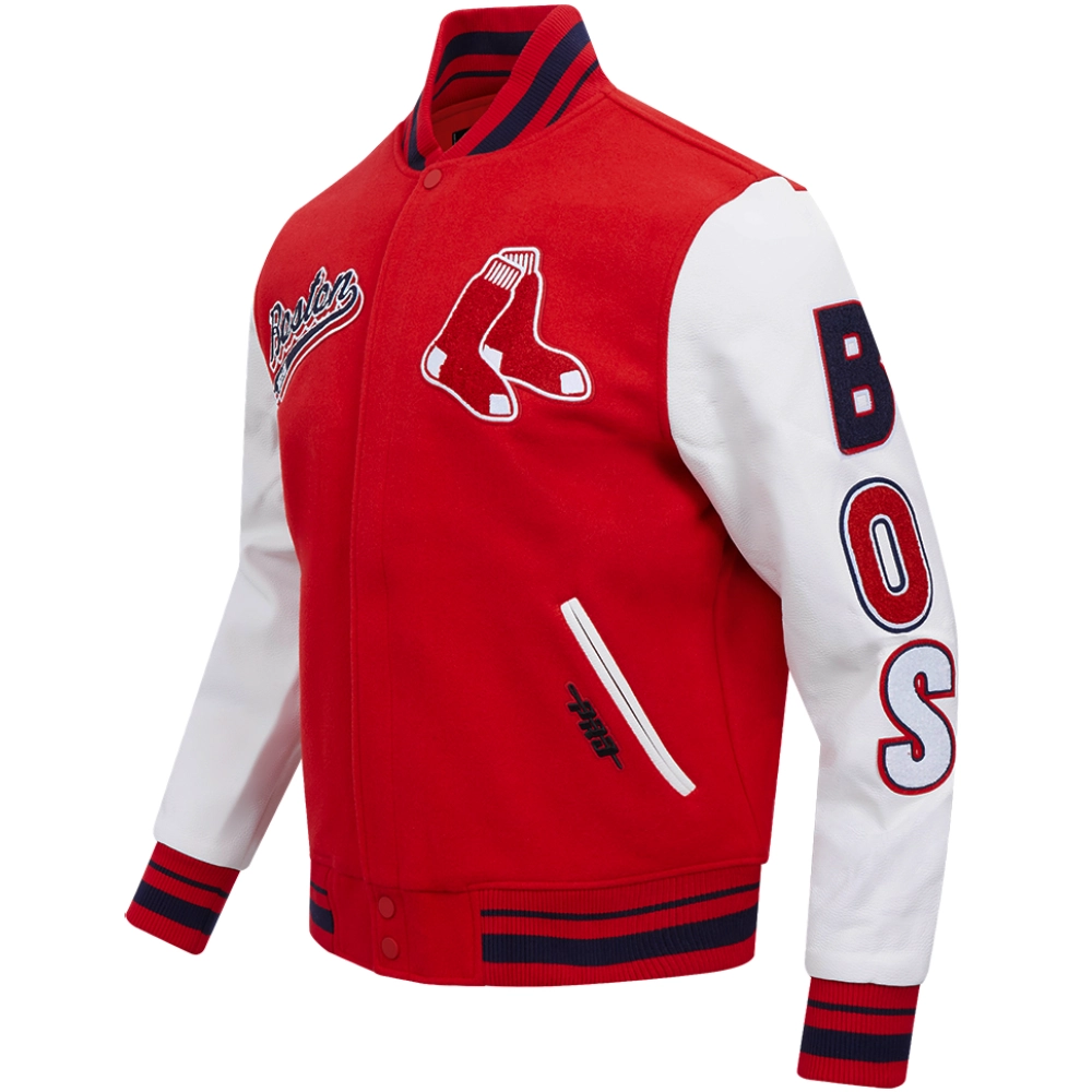 Boston Red Sox Retro Classic Baseball Team Players Wool & Leather Varsity Jacket Red & White - Image 3