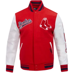 Boston Red Sox Retro Classic Baseball Team Players Wool & Leather Varsity Jacket Red & White