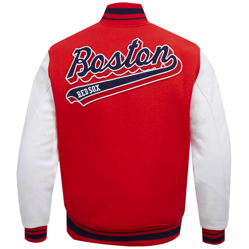Boston Red Sox Retro Classic Baseball Team Players Wool & Leather Varsity Jacket Red & White - Image 2