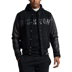 Alternative view of Boston Red Sox Women's Full-Snap Black Wool Blend & Leather Varsity Jacket