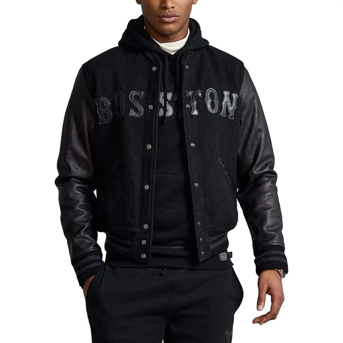Boston Red Sox Women's Full-Snap Black Wool Blend & Leather Varsity Jacket - Image 2