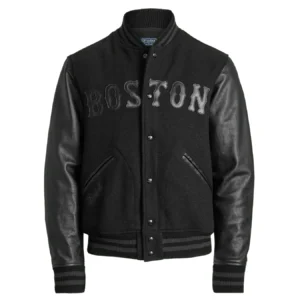 Boston Red Sox Women's Full-Snap Black Wool Blend & Leather Varsity Jacket