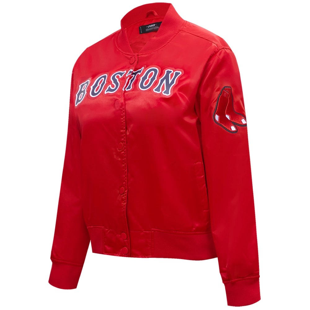 Women's Boston Red Sox Classic Rib Knitted Full-Snap Satin Varsity Red Jacket - Image 3