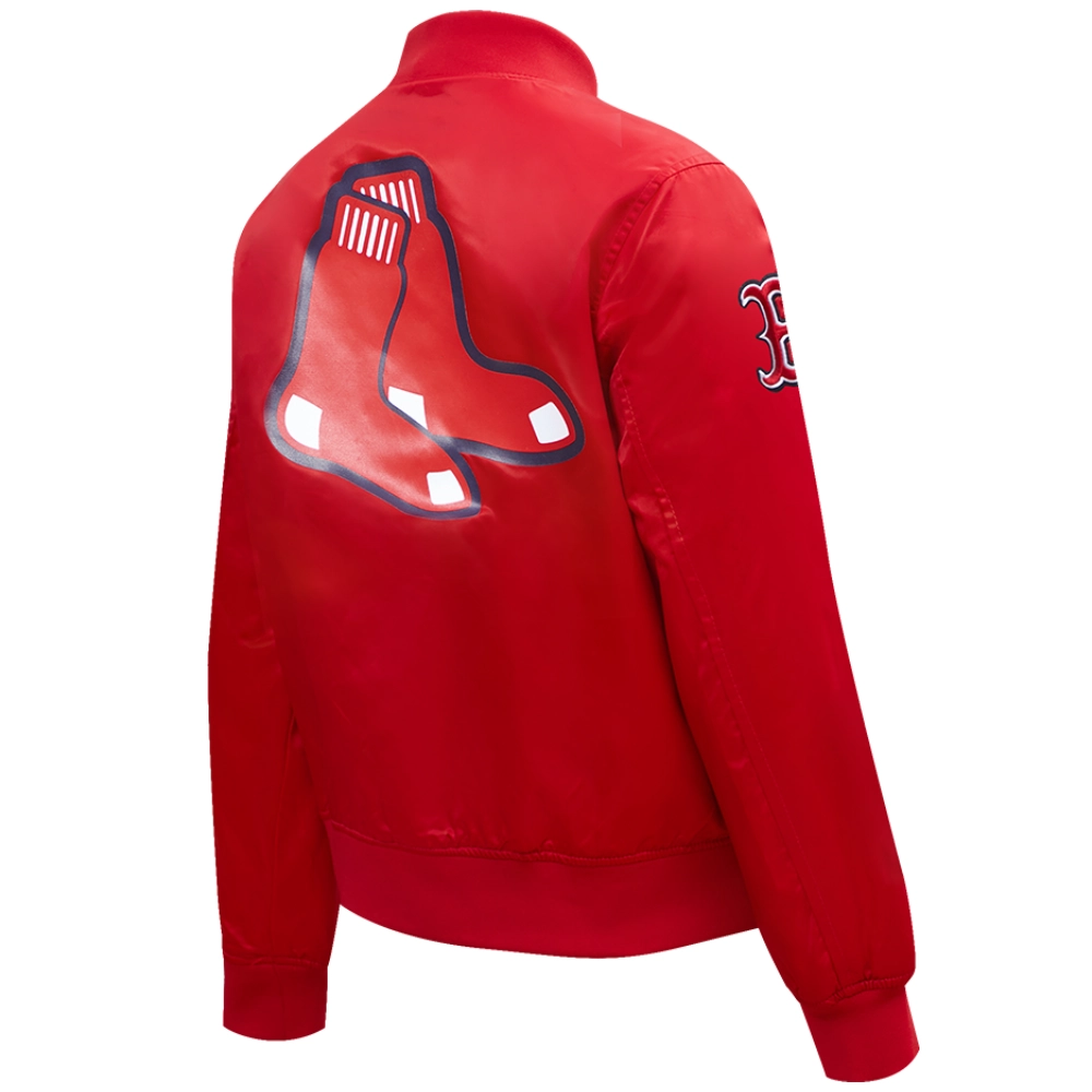 Women's Boston Red Sox Classic Rib Knitted Full-Snap Satin Varsity Red Jacket - Image 4