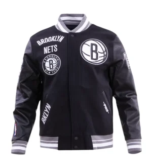 Brooklyn Nets Retro Classic Rib Black Wool & Leather Varsity Jacket