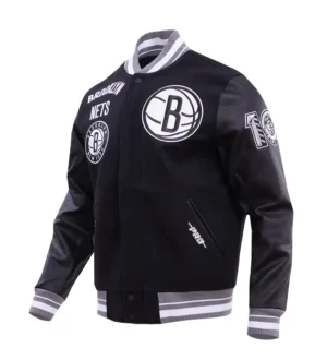 Alternative view of Brooklyn Nets Retro Classic Rib Black Wool & Leather Varsity Jacket