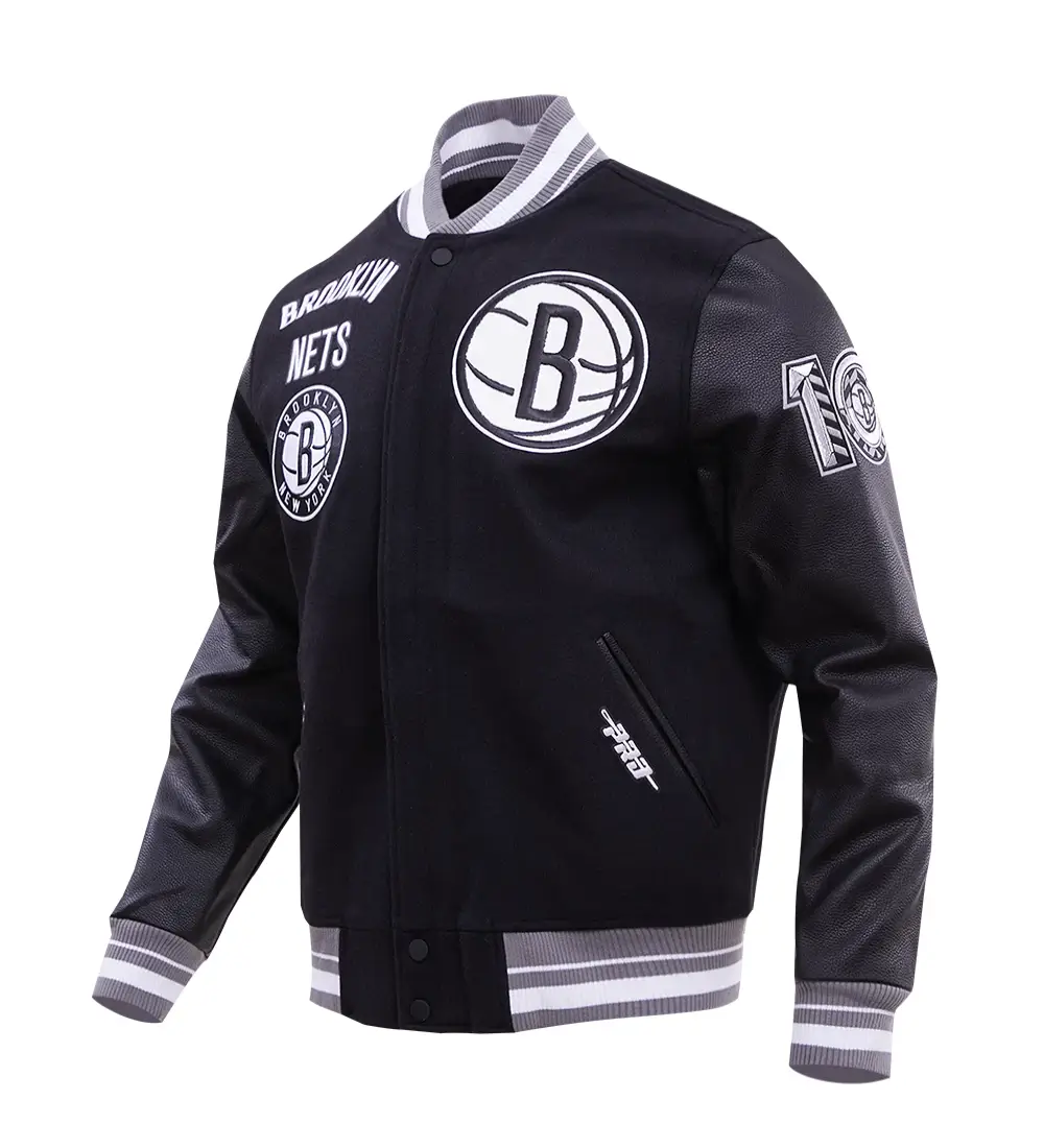 Brooklyn Nets Retro Classic Rib Black Wool & Leather Varsity Jacket - Image 2