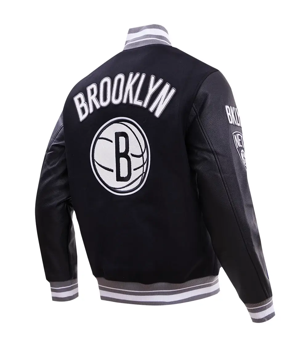 Brooklyn Nets Retro Classic Rib Black Wool & Leather Varsity Jacket - Image 3