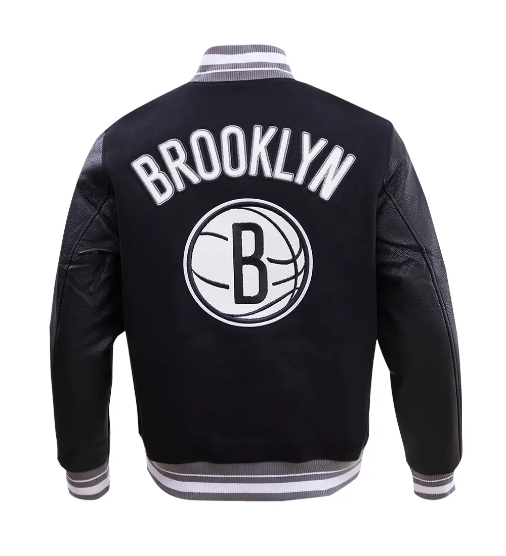 Brooklyn Nets Retro Classic Rib Black Wool & Leather Varsity Jacket - Image 4