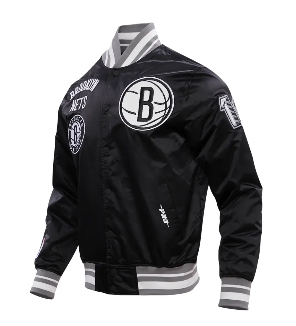 Brooklyn Nets Retro Classic Rib Satin Varsity Jacket - Image 2