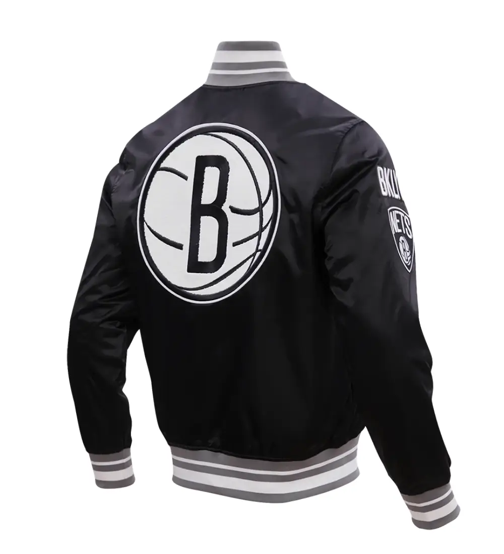 Brooklyn Nets Retro Classic Rib Satin Varsity Jacket - Image 3