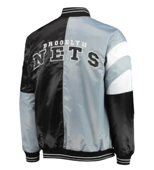 Alternative view of Brooklyn Nets Starter 75th Anniversary Leader Gray & Black Color Block Satin Varsity Jacket