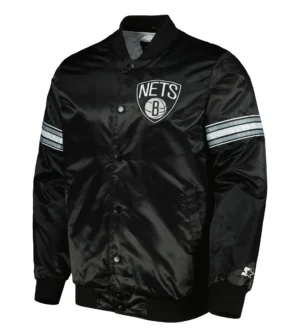 Brooklyn Nets The Power Forward Full-Snap Black Satin Varsity Jacket
