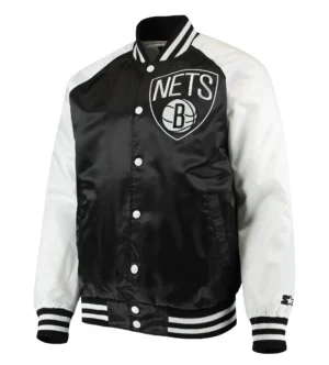 Brooklyn Nets Starter Point Guard Full-Snap Black & White Satin Varsity Jacket