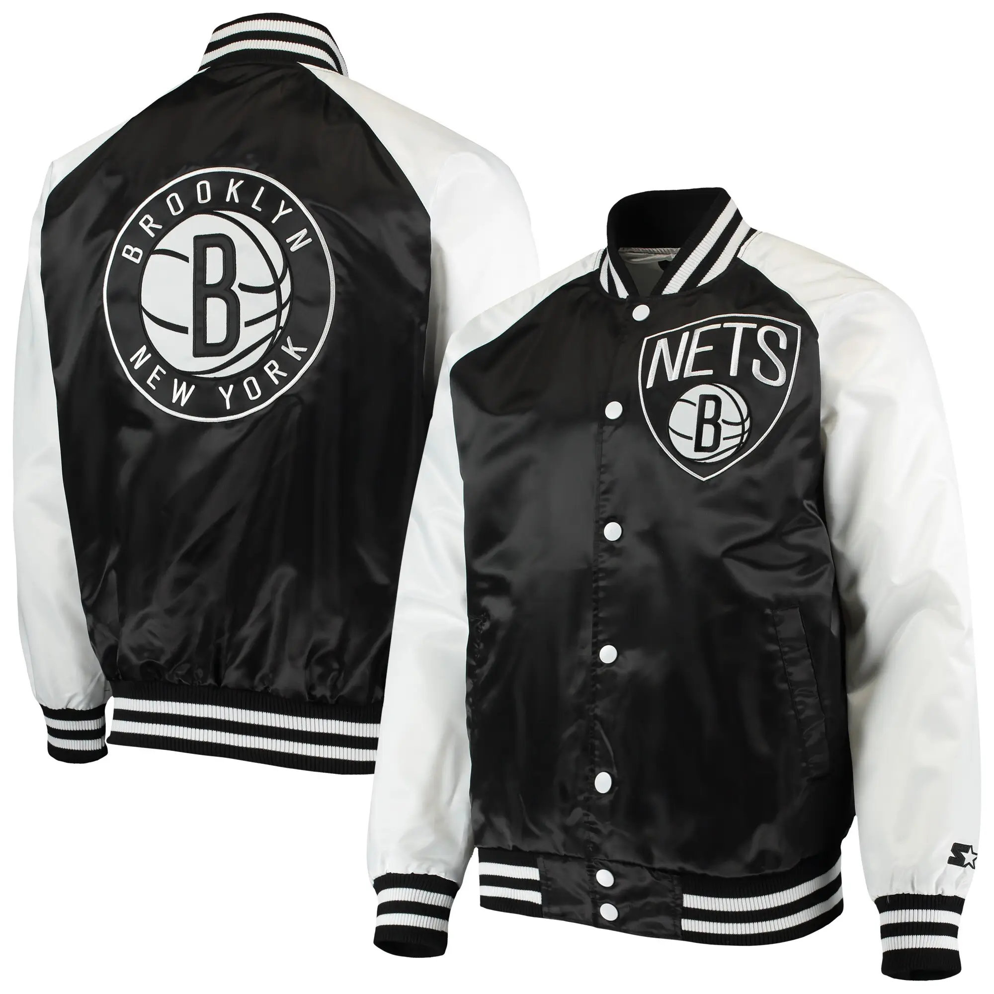 Brooklyn Nets Starter Point Guard Full-Snap Black & White Satin Varsity Jacket - Image 4
