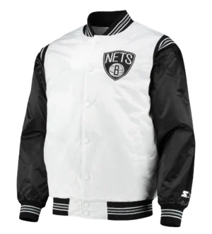 Brooklyn Nets The Enforcer Full-Snap White & Black Satin Varsity Jacket
