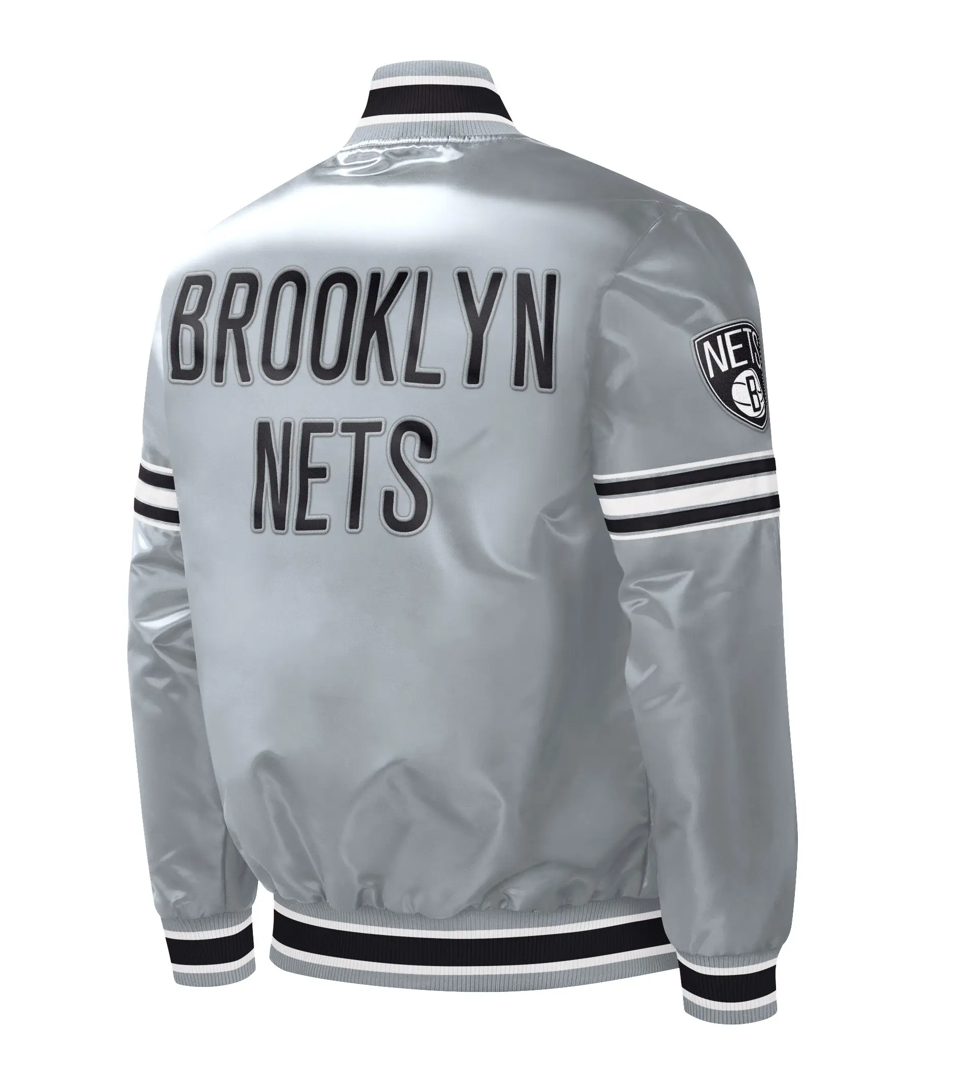 Brooklyn Nets Starter Slider Gray Satin Varsity Jacket - Image 2
