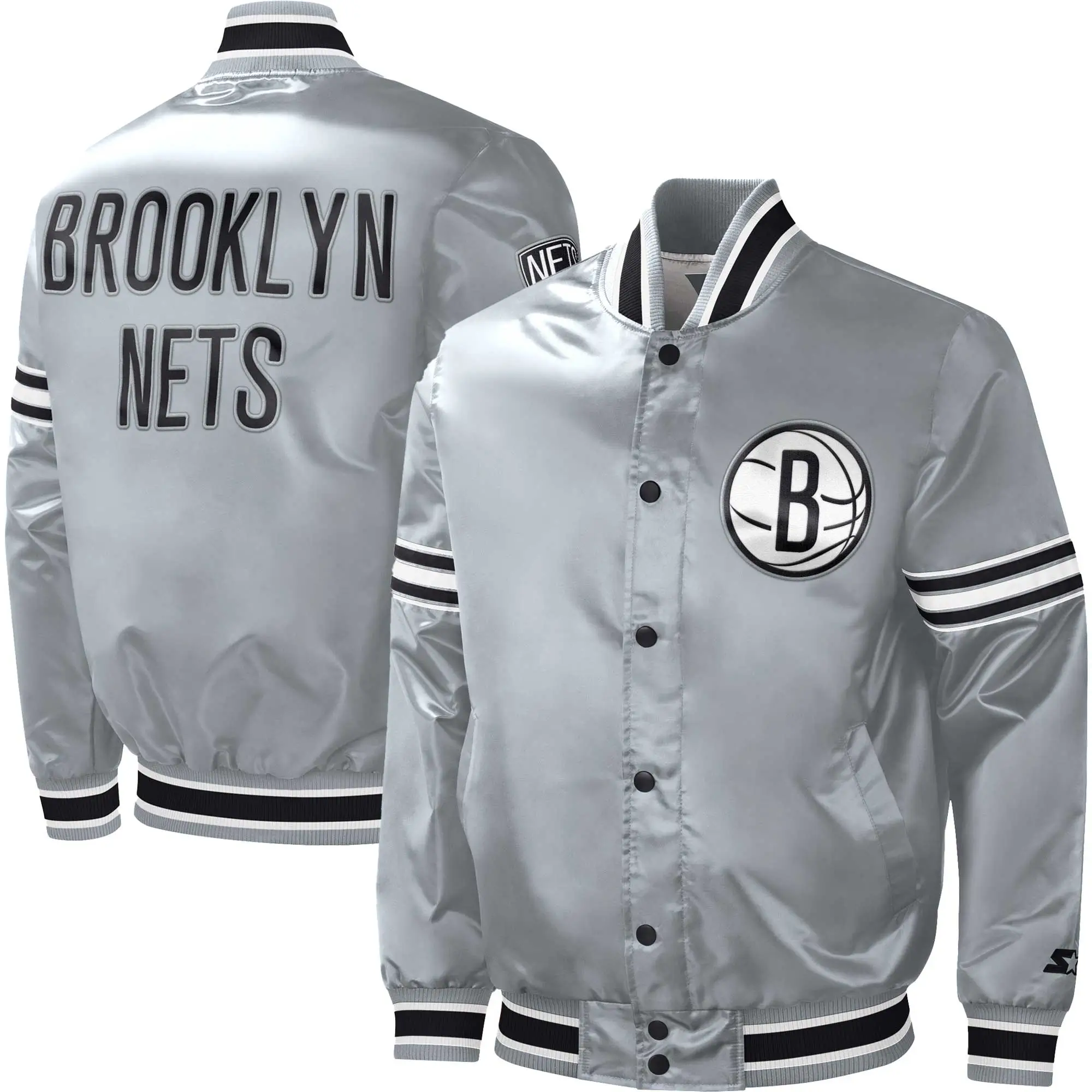 Brooklyn Nets Starter Slider Gray Satin Varsity Jacket - Image 4
