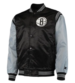 Brooklyn Nets The Enforcer Black & Gray Satin Varsity Jacket