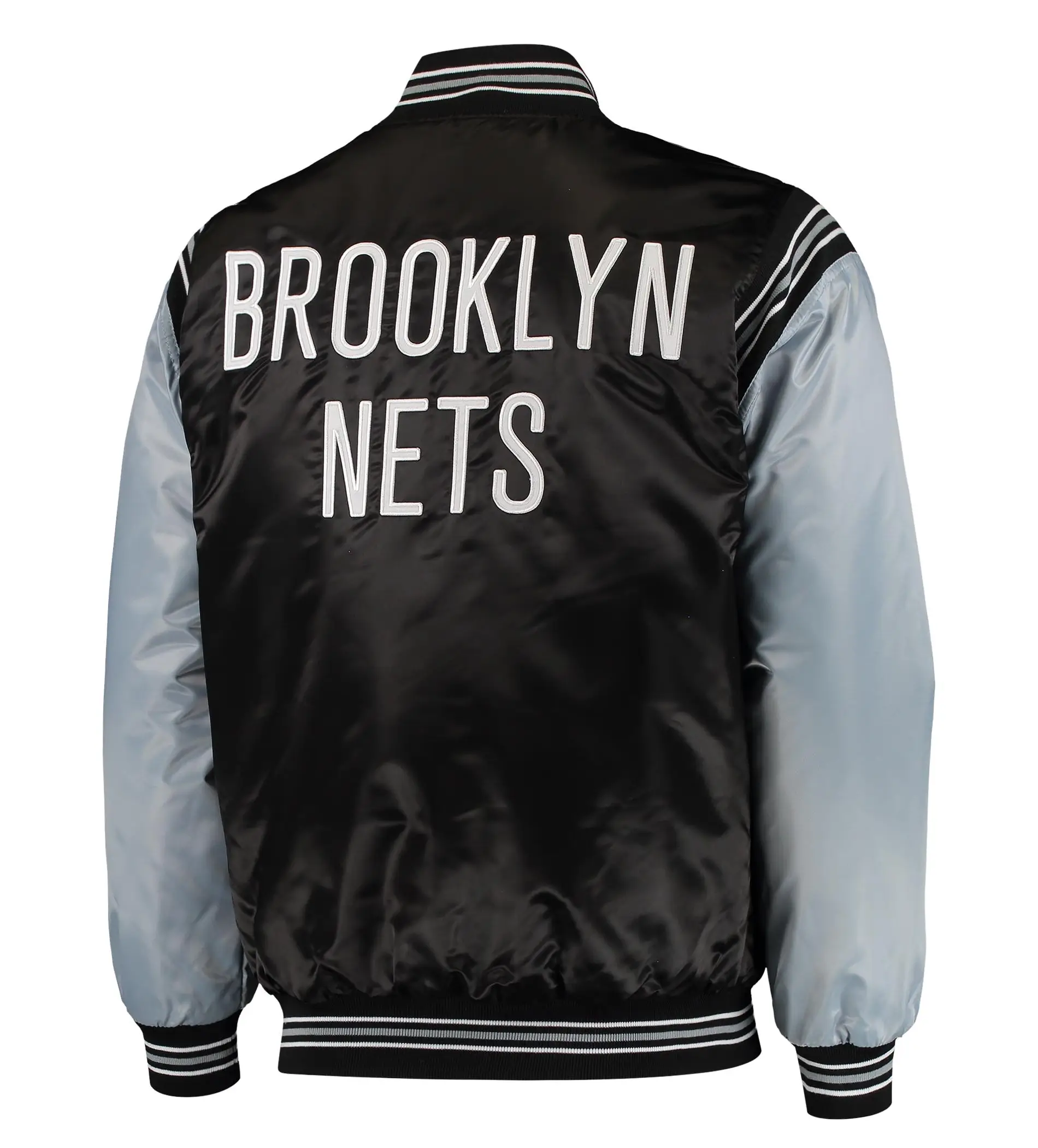 Brooklyn Nets The Enforcer Black & Gray Satin Varsity Jacket - Image 2