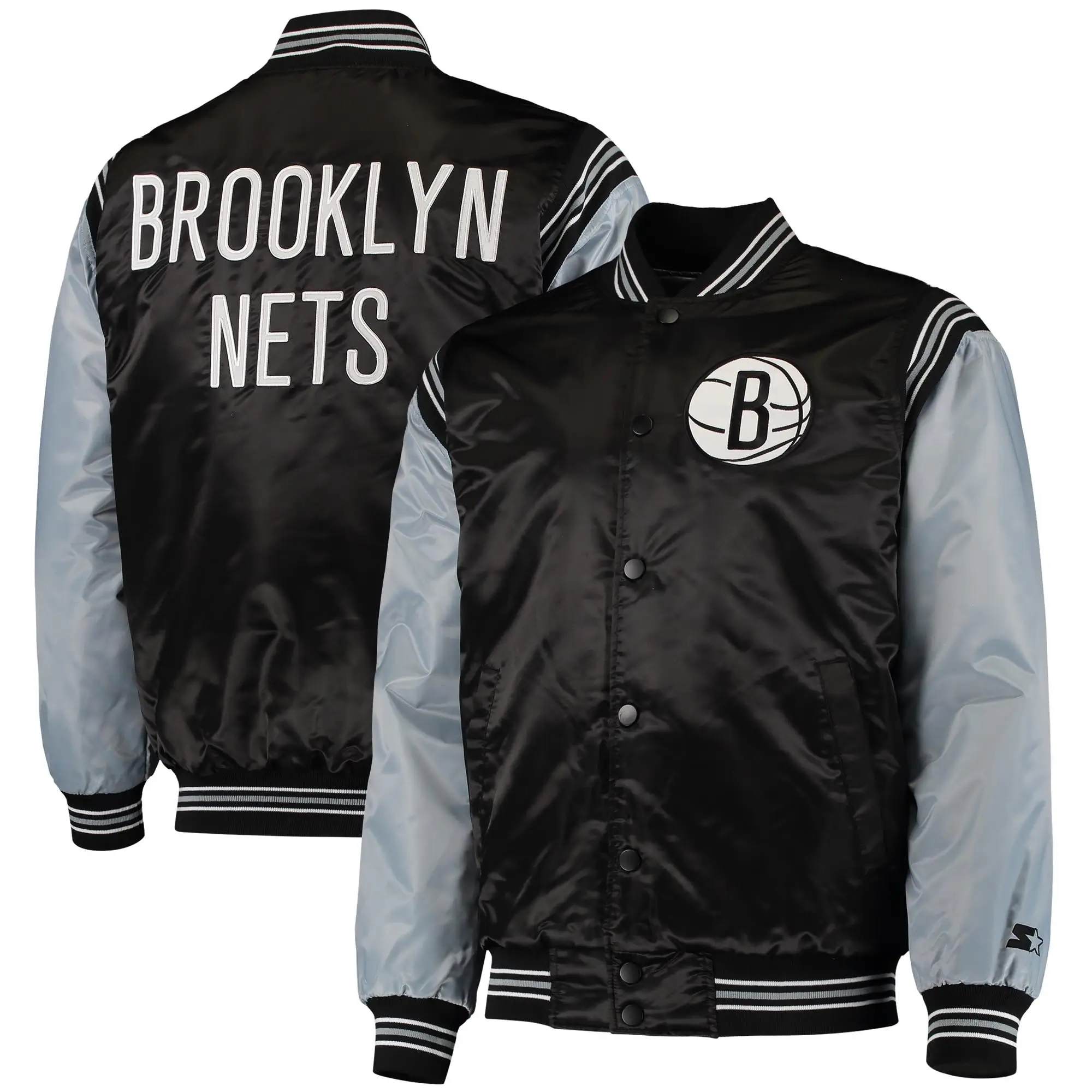 Brooklyn Nets The Enforcer Black & Gray Satin Varsity Jacket - Image 4