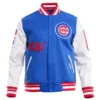 Chicago Cubs Blue/White Old English Wool & Leather Varsity Jacket