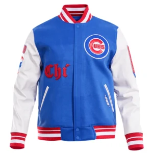 Chicago Cubs Blue/White Old English Wool & Leather Varsity Jacket