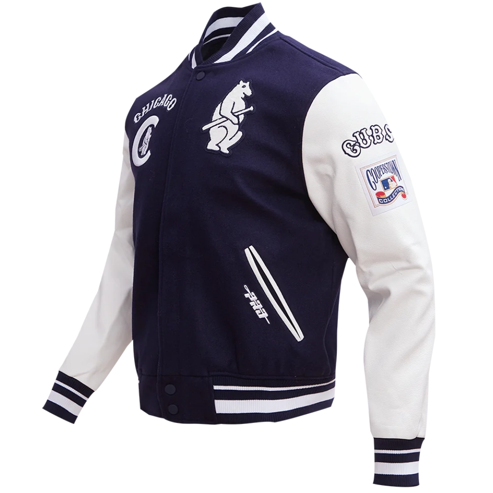 Chicago Cubs Script Tail Navy/White Rib Wool & Leather Varsity Jacket - Image 3