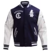 Chicago Cubs Script Tail Navy/White Rib Wool & Leather Varsity Jacket