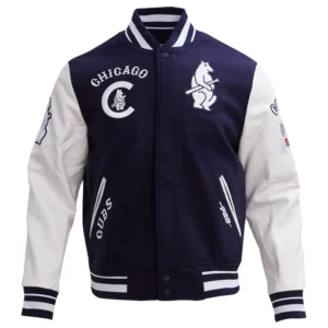 Chicago Cubs Script Tail Navy/White Rib Wool & Leather Varsity Jacket