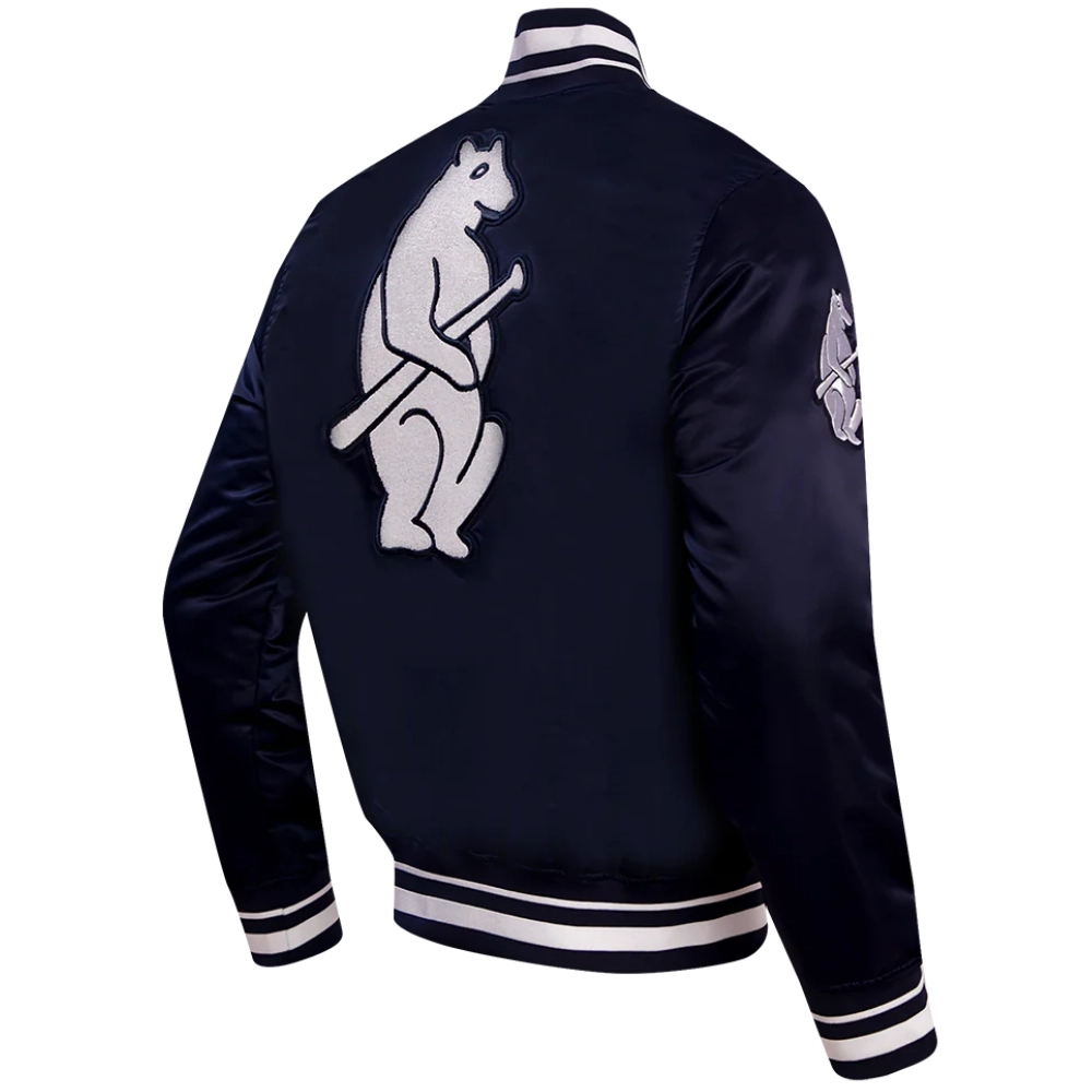 Chicago Cubs Retro Classic Rib knitted Satin Varsity Navy Jacket - Image 4