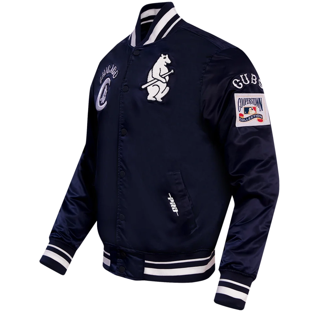 Chicago Cubs Retro Classic Rib knitted Satin Varsity Navy Jacket - Image 3