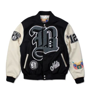 Jeff Hamilton X Brooklyn Nets Old English Black/Cream Wool & Leather Varsity Jacket