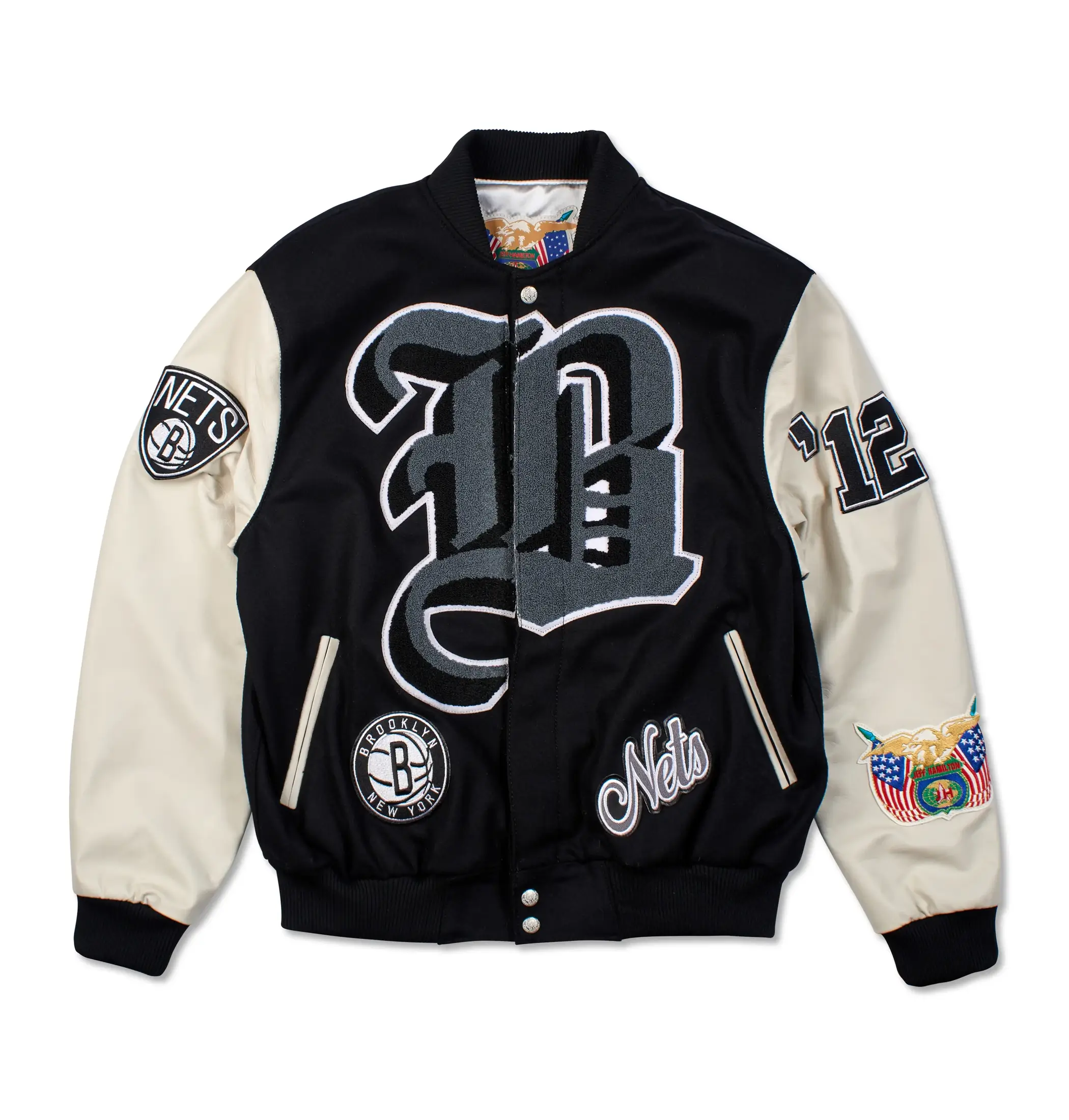 Jeff Hamilton X Brooklyn Nets Old English Black/Cream Wool & Leather Varsity Jacket