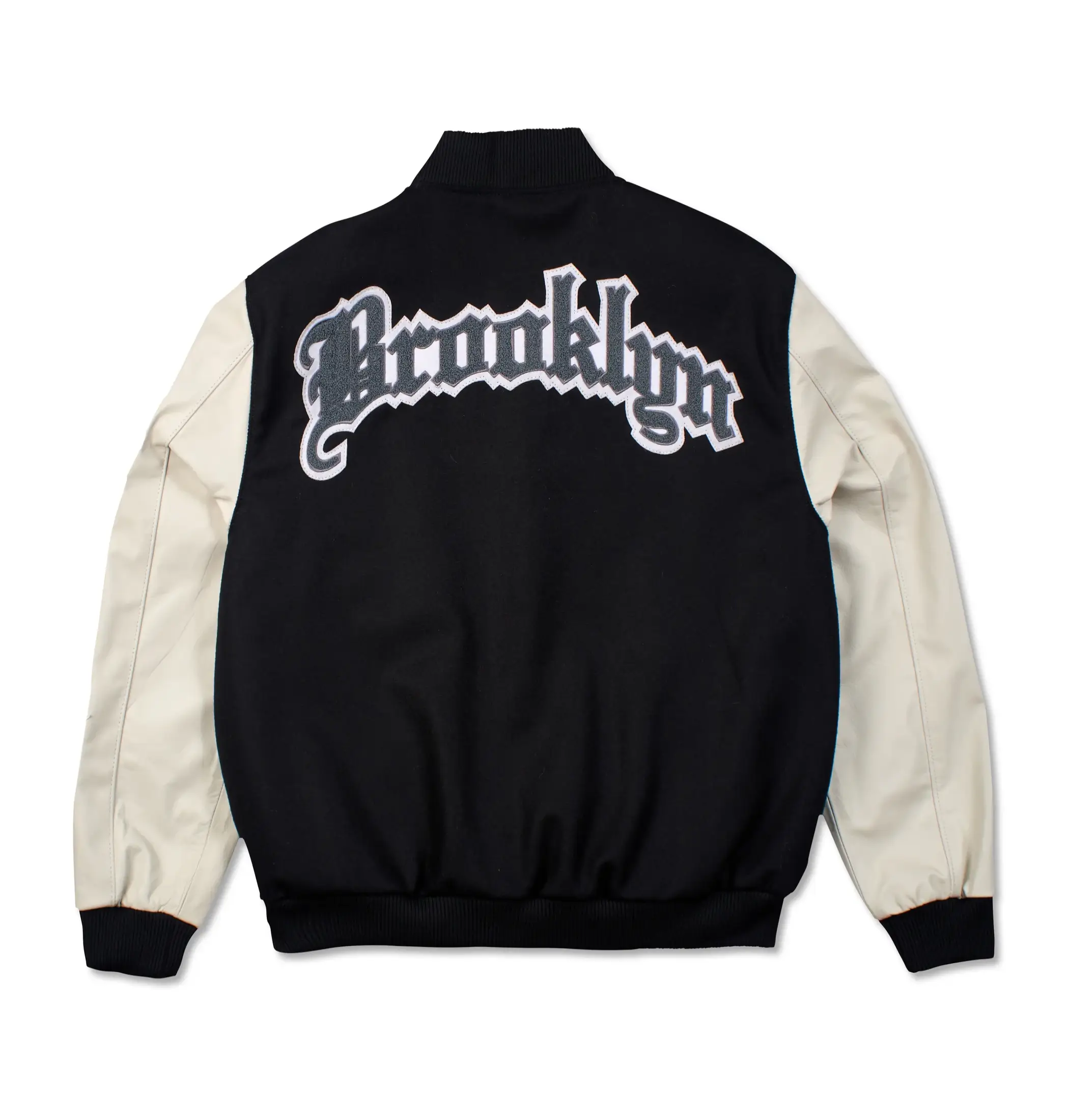 Jeff Hamilton X Brooklyn Nets Old English Black/Cream Wool & Leather Varsity Jacket - Image 2