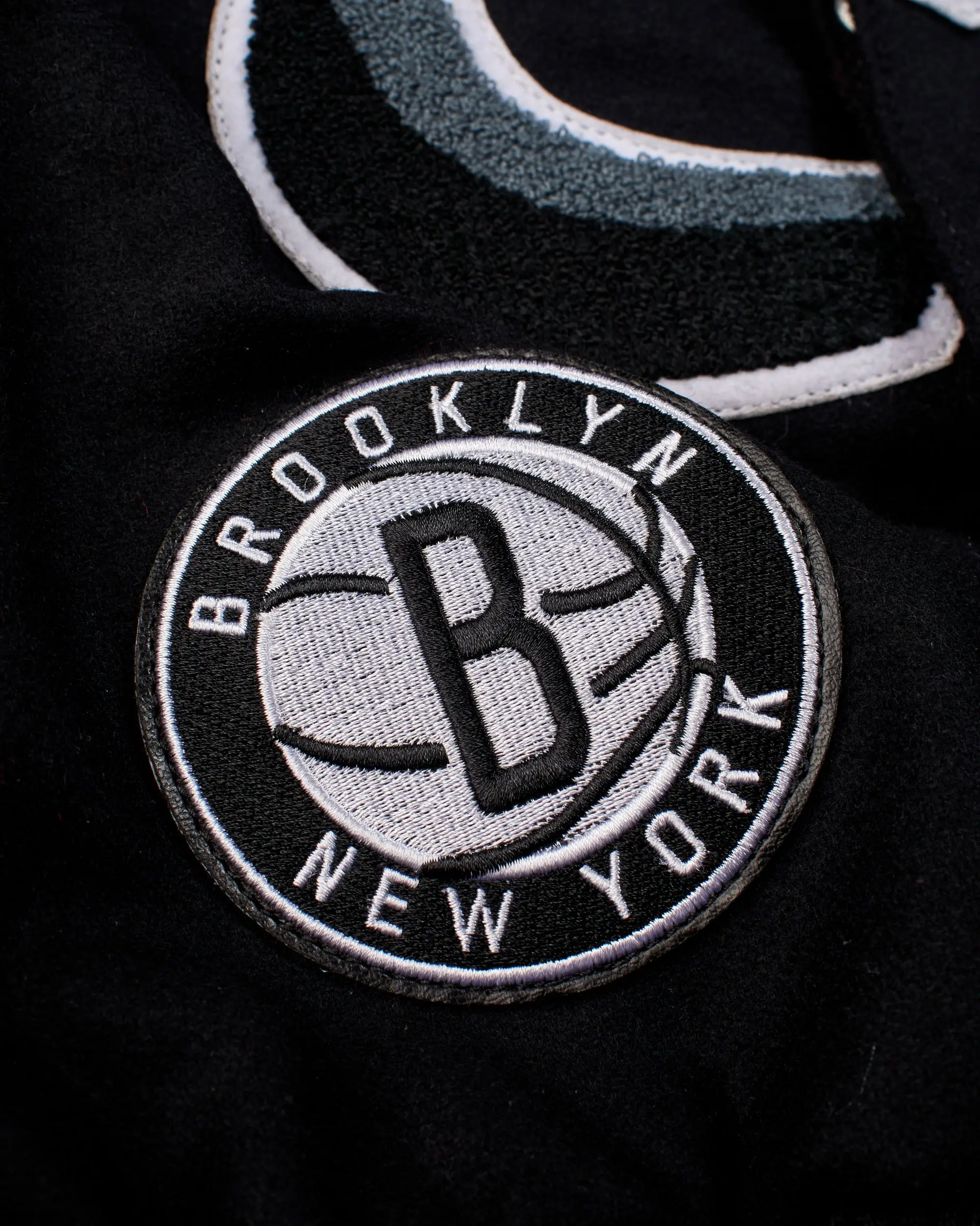 Jeff Hamilton X Brooklyn Nets Old English Black/Cream Wool & Leather Varsity Jacket - Image 4