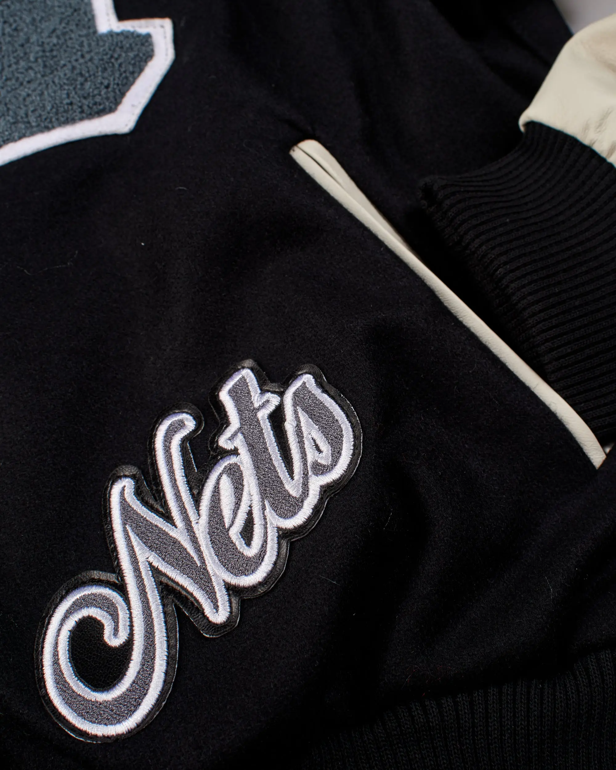 Jeff Hamilton X Brooklyn Nets Old English Black/Cream Wool & Leather Varsity Jacket - Image 5