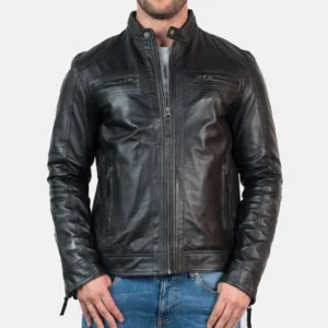 Men’s Black Lambskin Leather Biker Jacket - Houston