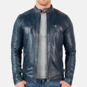 Men’s Blue Leather Quilted Biker Jacket - Blaze