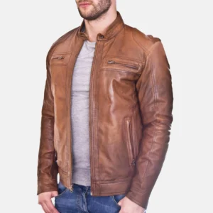 Men's Cognac Brown Cafe Racer Jacket - Austin
