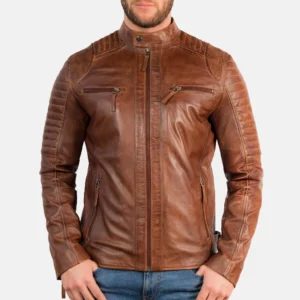 Men’s Cognac Brwon Quilted Leather Biker Jacket - Blaze