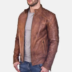 Men's Cognac Quilted Shoulder Biker Leather Jacket – Cairo